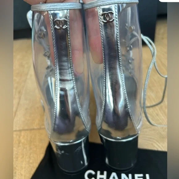 💕CHANEL Silver Leather Chain Transparent Open Toe Ankle Boots - Picture 6 of 9